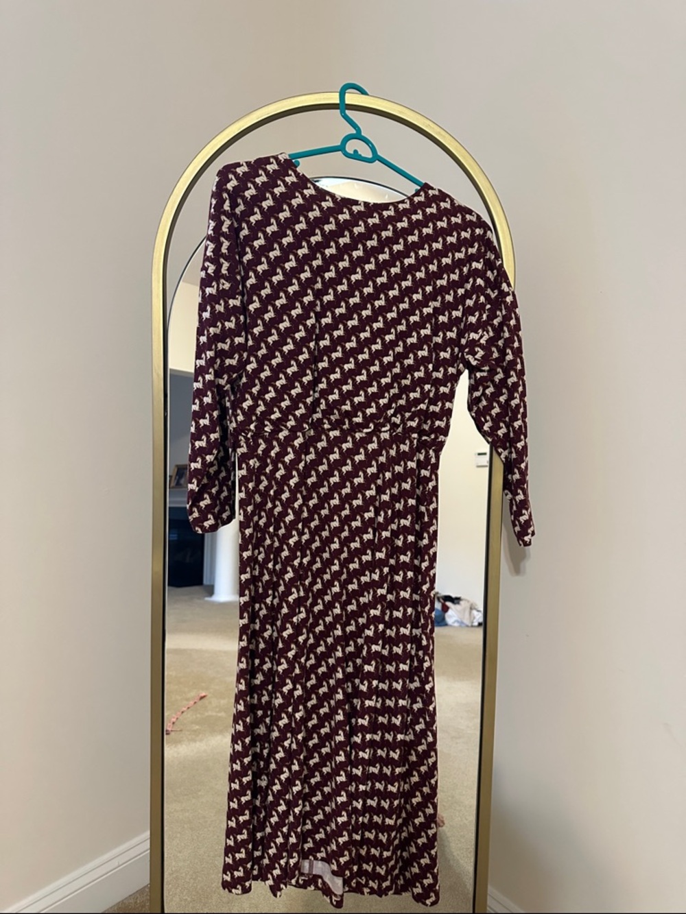 Ann Taylor Burgundy Long Sleeve Midi Dress with Cream horses! - Picture 3 of 6